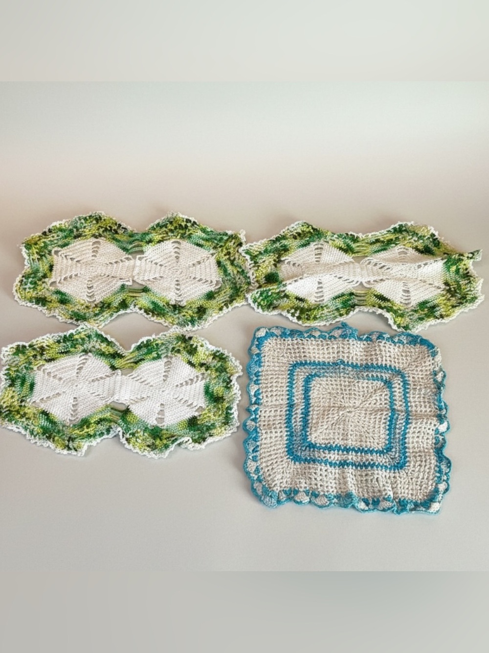 Vintage Crochet Doily Lot 4 Variegated Green Blue Shabby Cottagecore